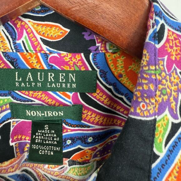 Ralph Lauren Womens Sz Small No Iron Vibrant Black Tropical Blouse Shirt Top - Picture 2 of 8